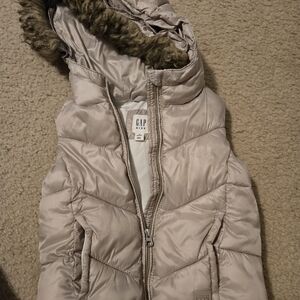 GAP Kids Light Tan Puffer Jacket with Faux Fur Hood